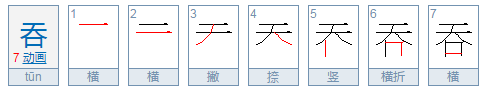 吞、考、拣、贵、初的部首和笔顺是什么