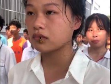 女生军训被蜜蜂爬嘴一动不动