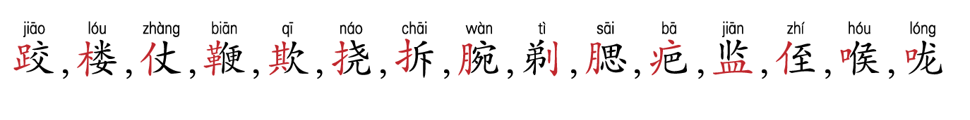 跤,楼,仗,鞭,欺,挠,拆,腕,剃，腮，疤，监，侄，喉，咙写出这些字的组词和拼音？