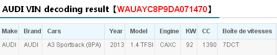 福搜网车车架号查询WAUAYC8P9DA071470，奥迪A3，需要车辆配置和型号，谢谢！