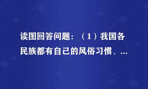 读图回答问题：（1）我国各民族都有自己的风俗习惯、丰富多彩的文化艺术和传统的体育活动，四幅图中分别